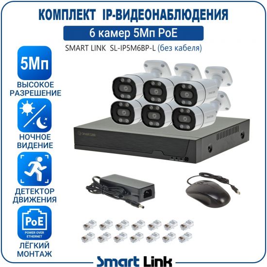 Готовый комплект PoE IP-видеонаблюдения уличный 5Мп на 6 камер, с записью на жёсткий диск, с удаленным просмотром, для дома, дачи, бизнеса. Smart Link SL-IP5M6BP-L